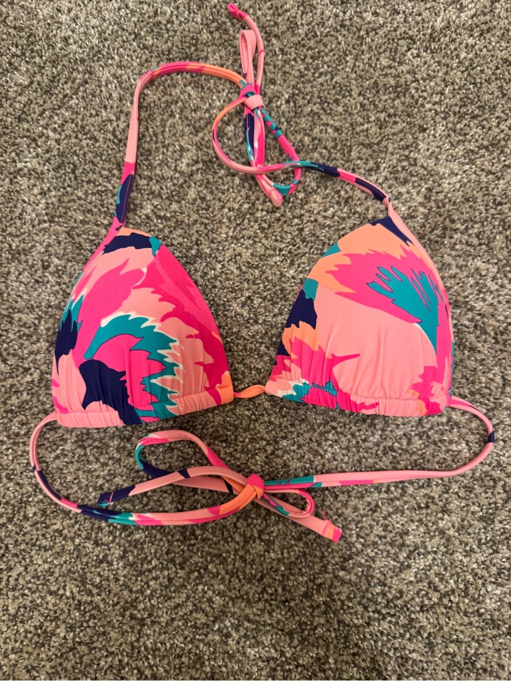 Aerie Medium Tropical Floral Triangle Bikini Top Pink Orange Teal String Tie